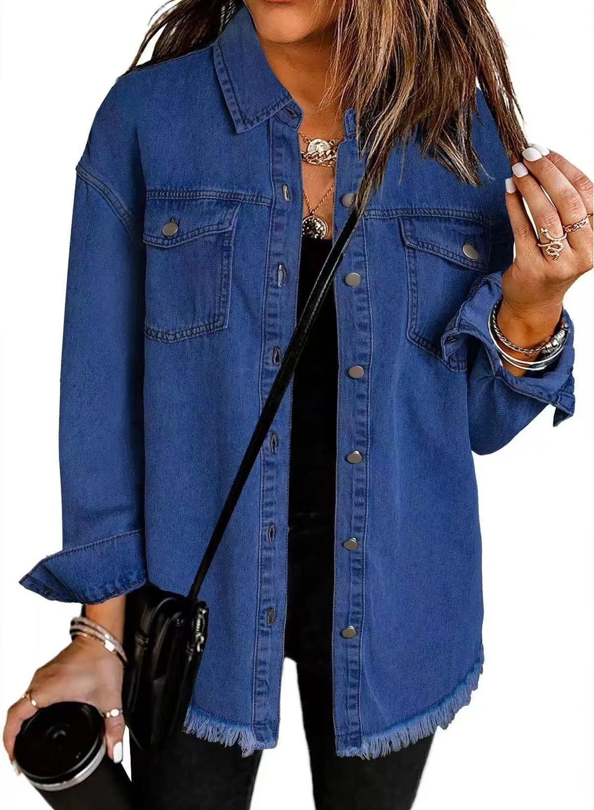 T588-610 - Button-up Frayed Hem Jacket-GYYF - Image 2