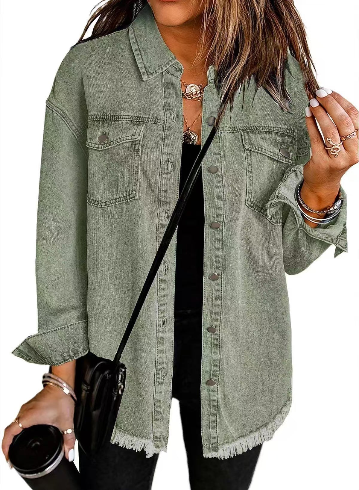 T588-610 - Button-up Frayed Hem Jacket-GYYF - Image 3