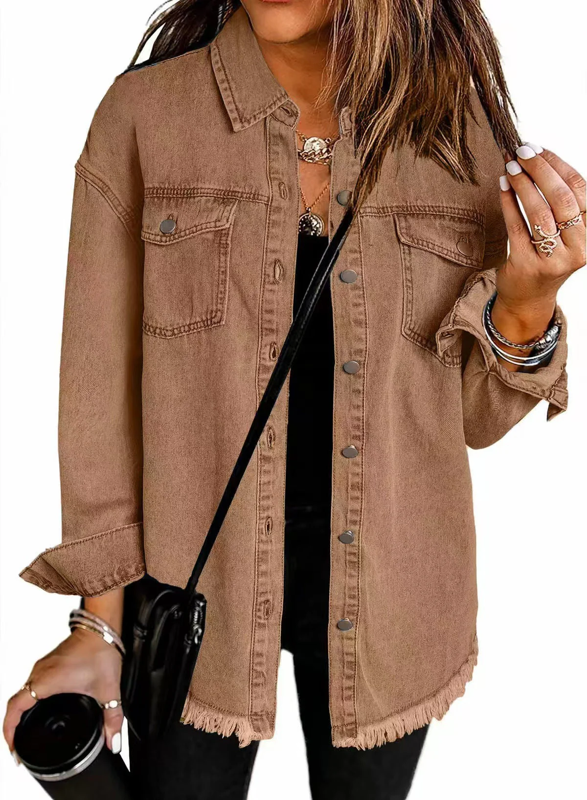 T588-610 - Button-up Frayed Hem Jacket-GYYF - Image 4