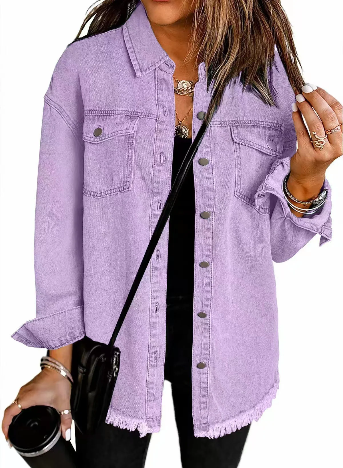 T588-610 - Button-up Frayed Hem Jacket-GYYF - Image 5