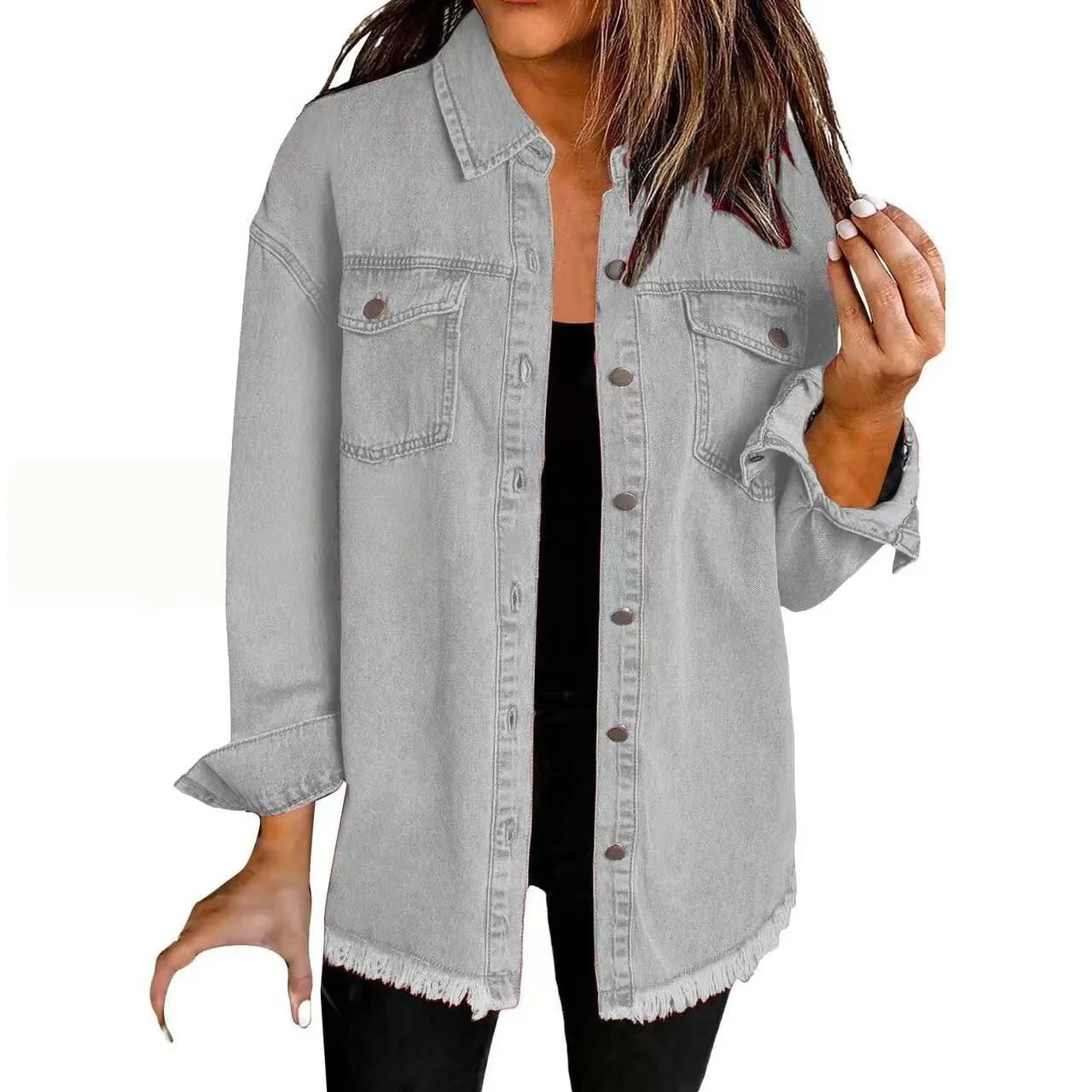 T588-610 - Button-up Frayed Hem Jacket-GYYF - Image 8