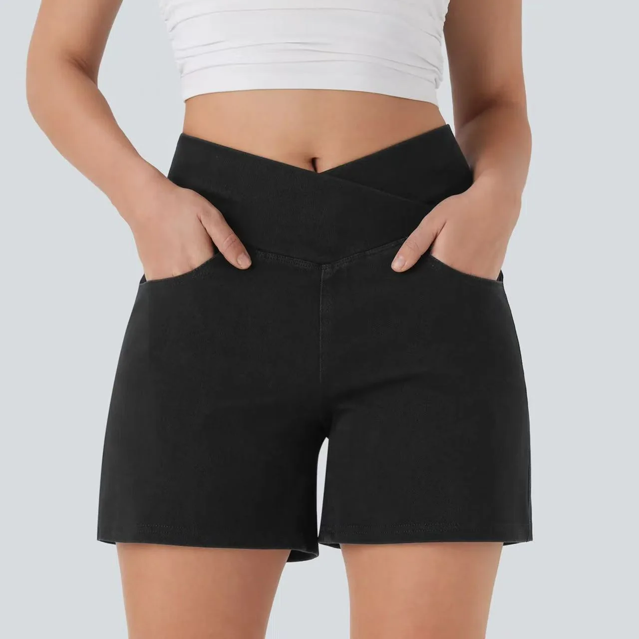 T588-1093 Cross high waisted denim shorts, casual cycling pants - Image 2