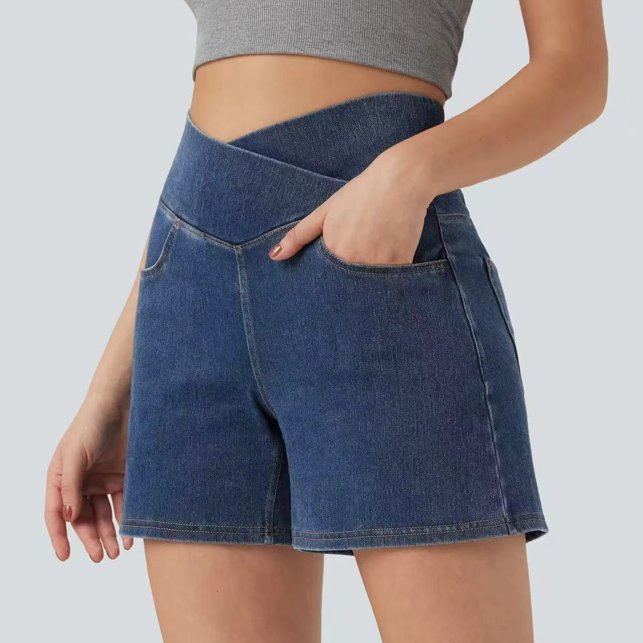 T588-1093 Cross high waisted denim shorts, casual cycling pants - Image 3