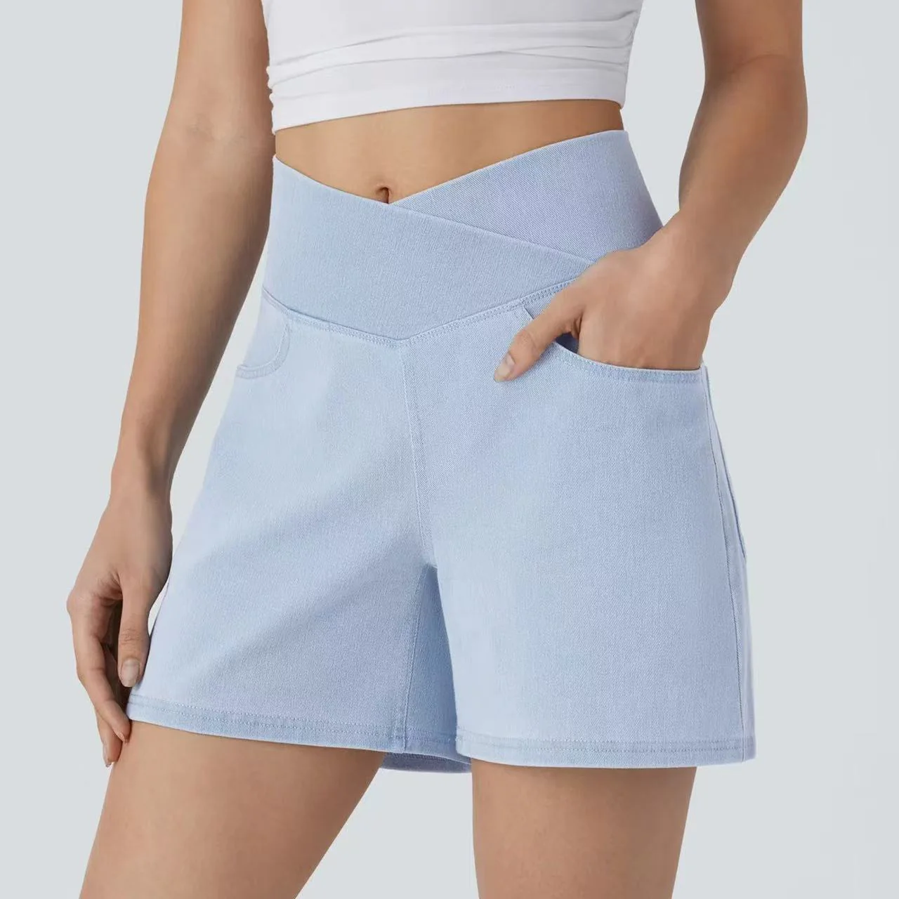 T588-1093 Cross high waisted denim shorts, casual cycling pants - Image 6