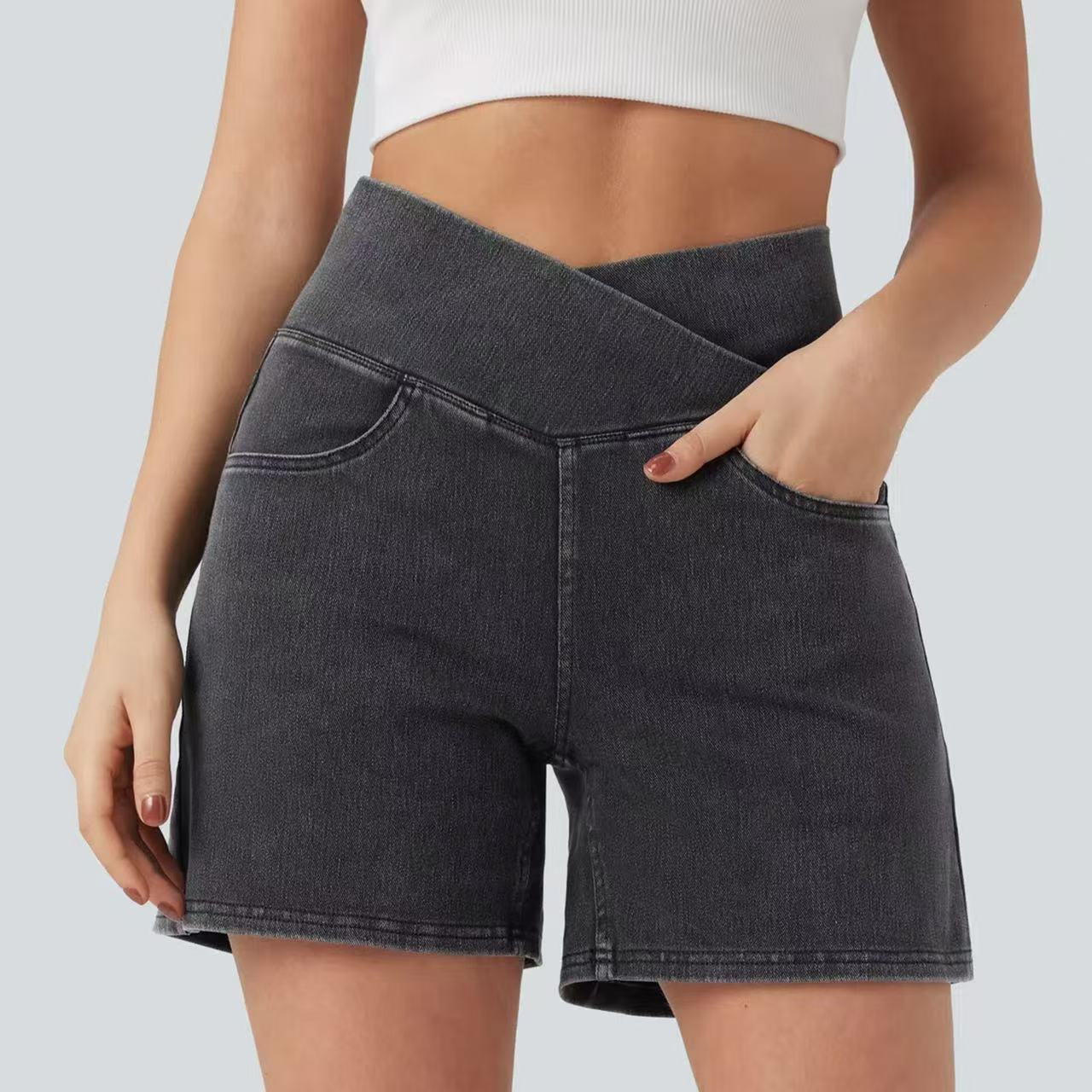 T588-1093 Cross high waisted denim shorts, casual cycling pants - Image 7