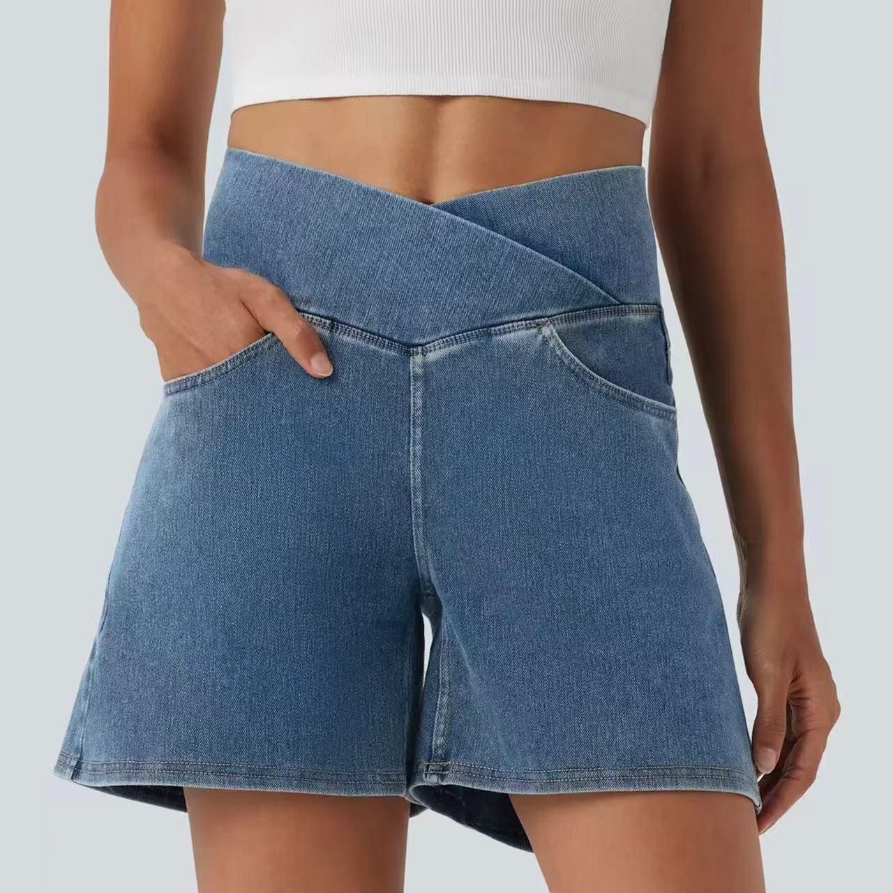T588-1093 Cross high waisted denim shorts, casual cycling pants - Image 8