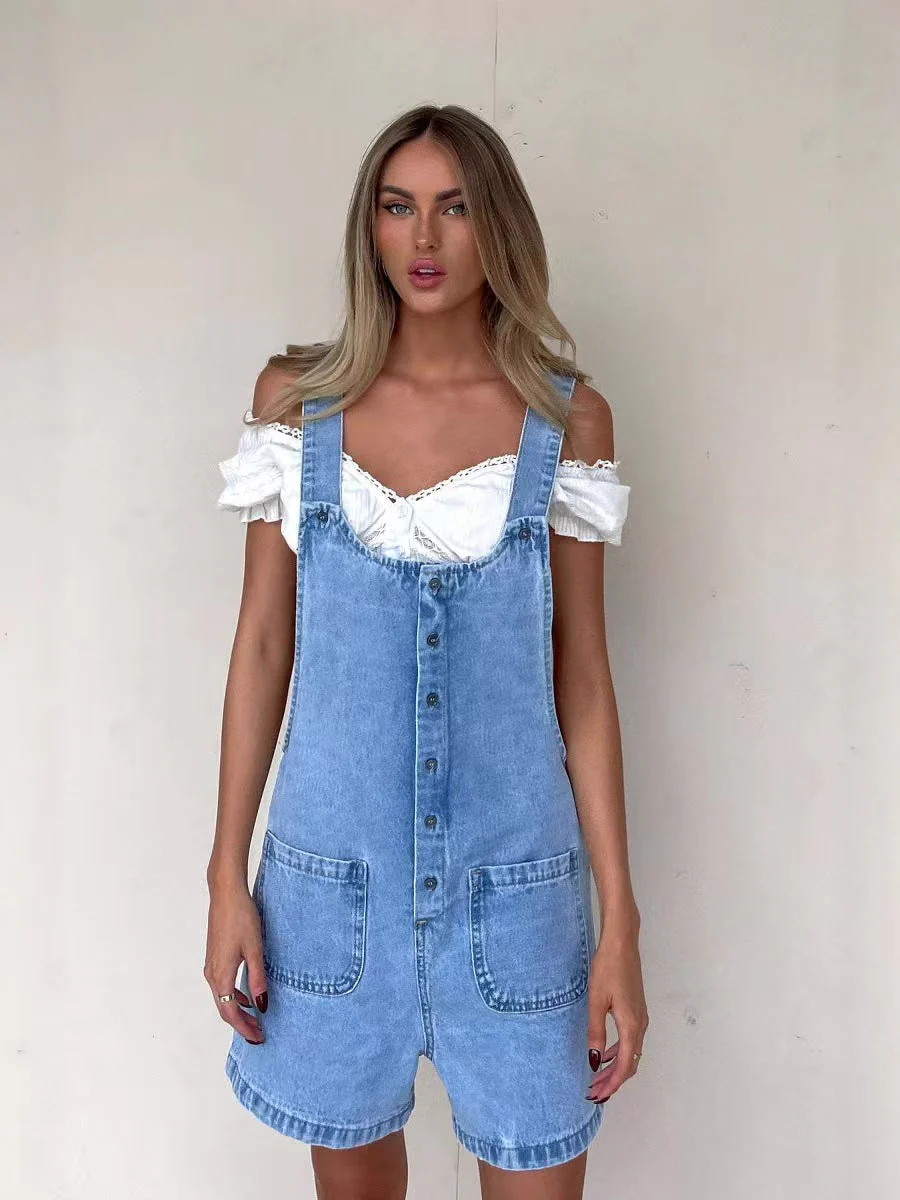 T588-1098  Cowboy overalls slim fit straight leg jumpsuit shorts