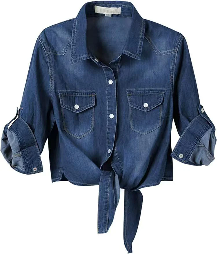 T588-1124 Tie up knot, mid sleeve shawl, women's jacket, denim - Image 2