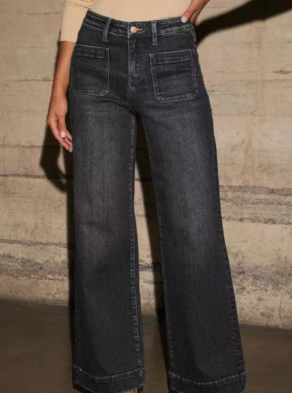 T588-1141  High waisted straight leg wide leg loose denim pants - Image 3