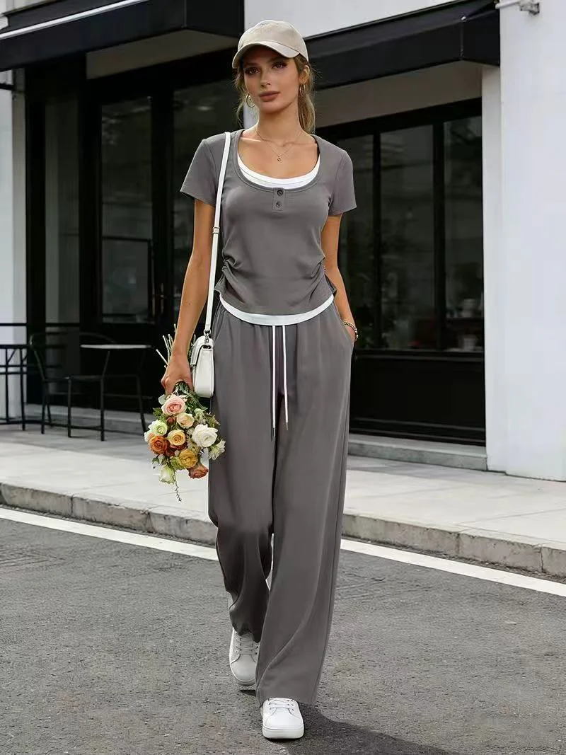 T588-1142 Sports slim fit short sleeved pants drawstring set - Image 2