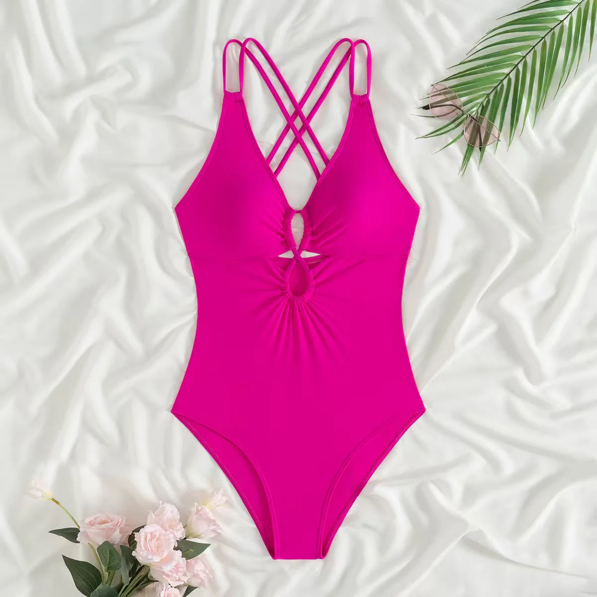 T588-1148  Hollow out backless cross shoulder one-piece swimsuit - Image 3