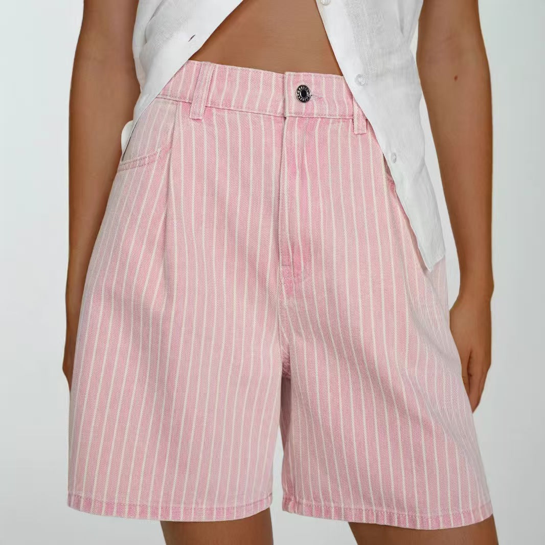 T588-1165   Casual loose striped high waisted denim shorts - Image 4