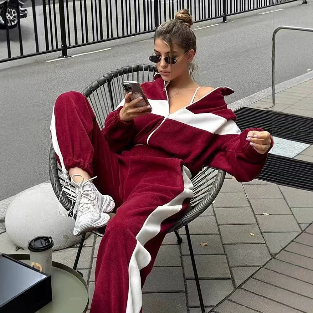 T588-748 -Casual waist cinched cardigan sweatshirt patchwork set-GYYF - Image 2