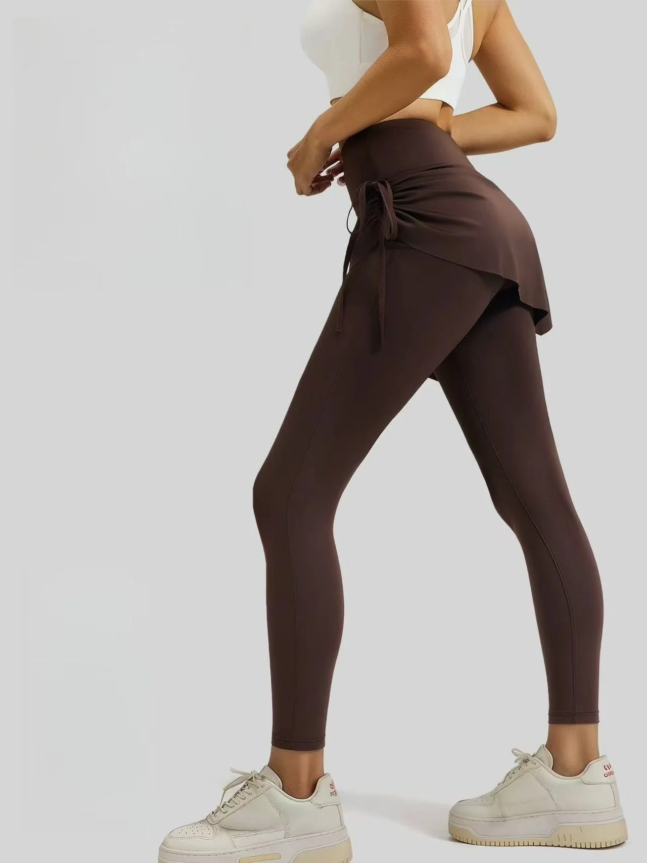 T588-886  Women's drawstring yoga pants, fake two piece sports pants - Image 2