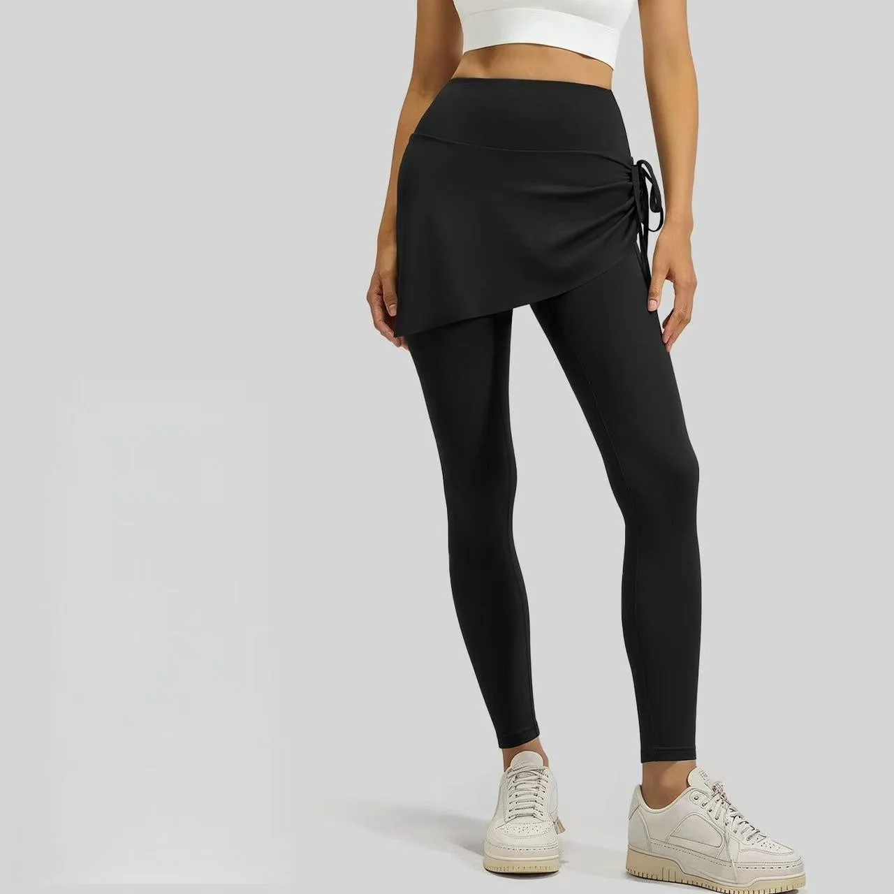 T588-886  Women's drawstring yoga pants, fake two piece sports pants - Image 3
