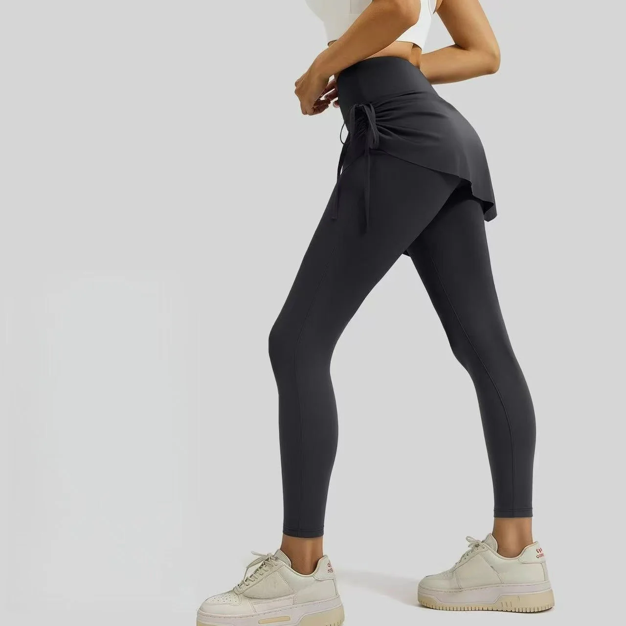 T588-886  Women's drawstring yoga pants, fake two piece sports pants - Image 4