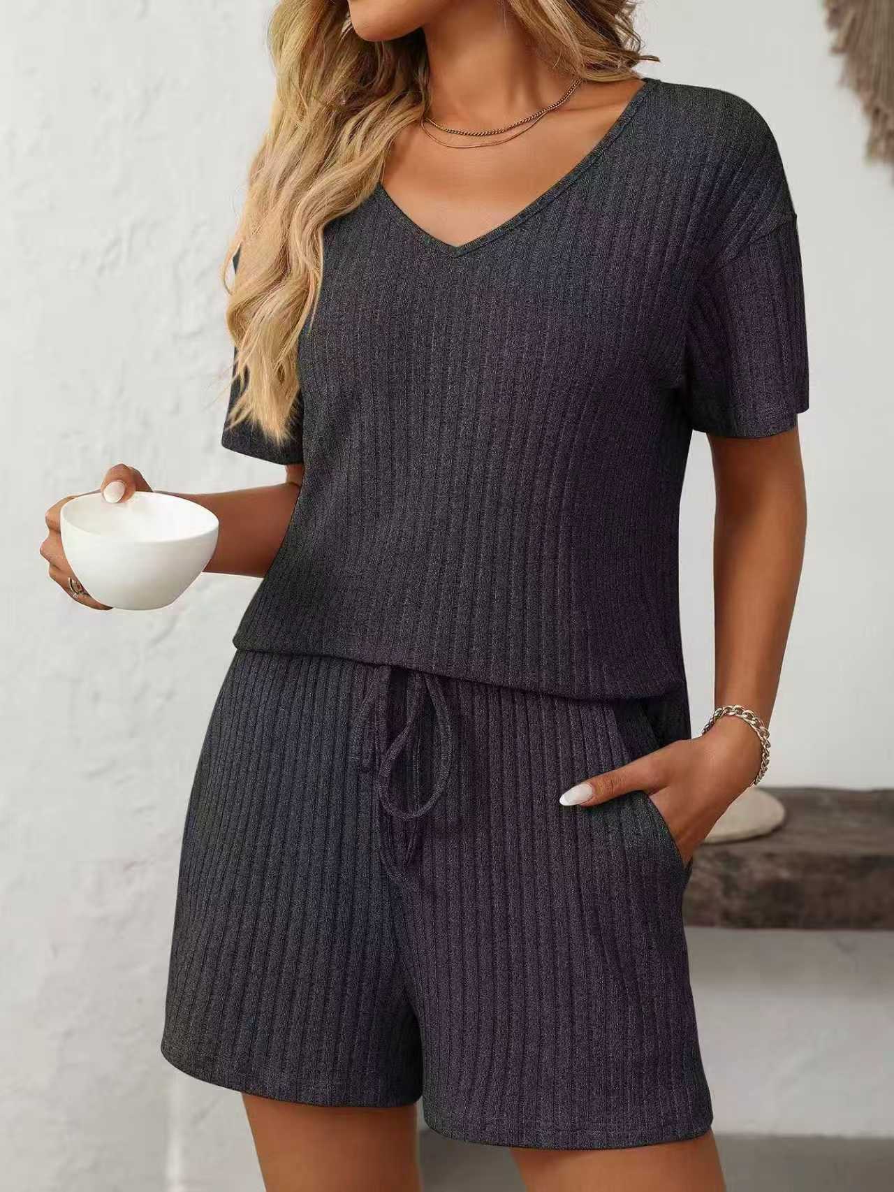 T588-913 Women's Summer Solid Color Short Sleeve Set - Image 4