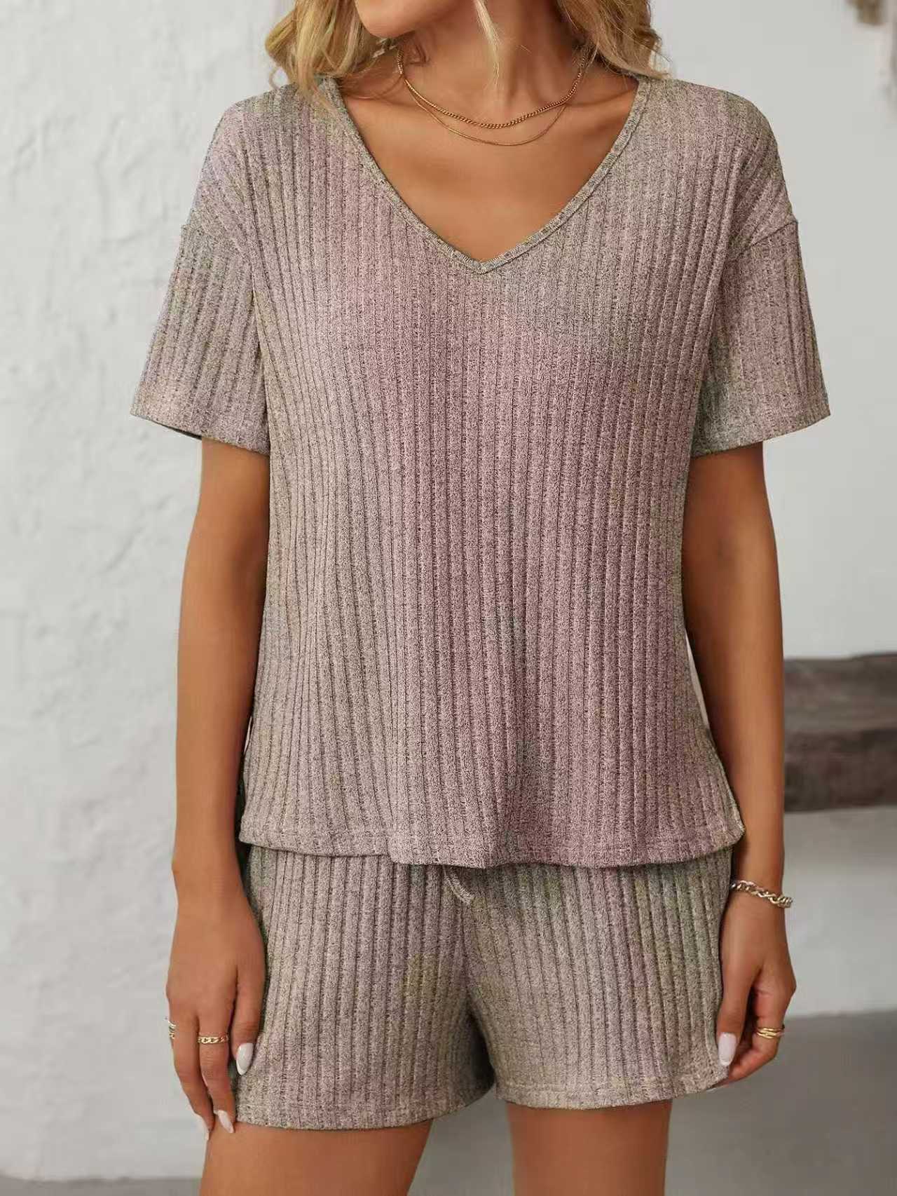 T588-913 Women's Summer Solid Color Short Sleeve Set - Image 5